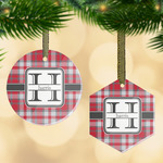 Red & Gray Plaid Flat Glass Ornament w/ Name and Initial