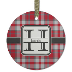 Red & Gray Plaid Flat Glass Ornament - Round w/ Name and Initial