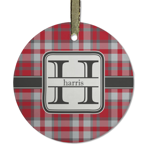 Custom Red & Gray Plaid Flat Glass Ornament - Round w/ Name and Initial