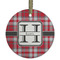 Red & Gray Plaid Flat Glass Ornament - Round w/ Name and Initial