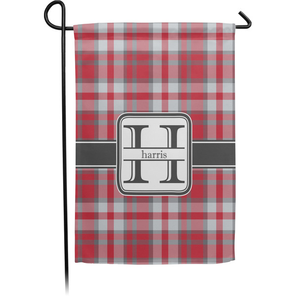 Custom Red & Gray Plaid Small Garden Flag - Single Sided w/ Name and Initial