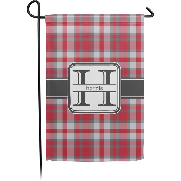 Custom Red & Gray Plaid Small Garden Flag - Double Sided w/ Name and Initial