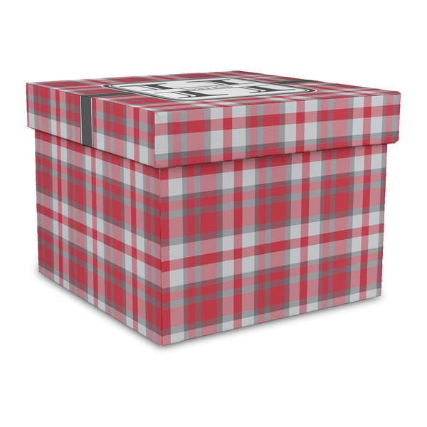 Custom Red & Gray Plaid Gift Box with Lid - Canvas Wrapped - Large (Personalized)