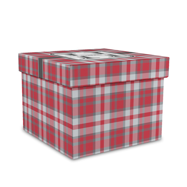 Custom Red & Gray Plaid Gift Box with Lid - Canvas Wrapped - Medium (Personalized)