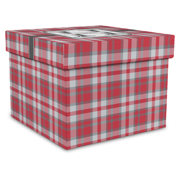 Custom Red & Gray Plaid Gift Box with Lid - Canvas Wrapped - X-Large (Personalized)