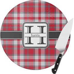 Red & Gray Plaid Round Glass Cutting Board (Personalized)