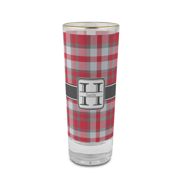 Custom Red & Gray Plaid 2 oz Shot Glass - Glass with Gold Rim (Personalized)