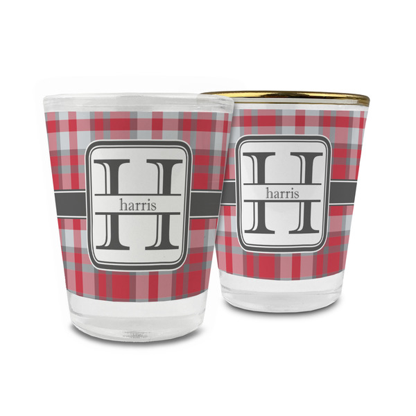 Custom Red & Gray Plaid Glass Shot Glass - 1.5 oz (Personalized)