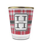Red & Gray Plaid Glass Shot Glass - 1.5 oz - with Gold Rim - Set of 4 (Personalized)