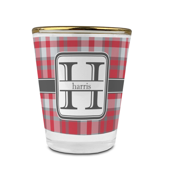 Custom Red & Gray Plaid Glass Shot Glass - 1.5 oz - with Gold Rim - Set of 4 (Personalized)