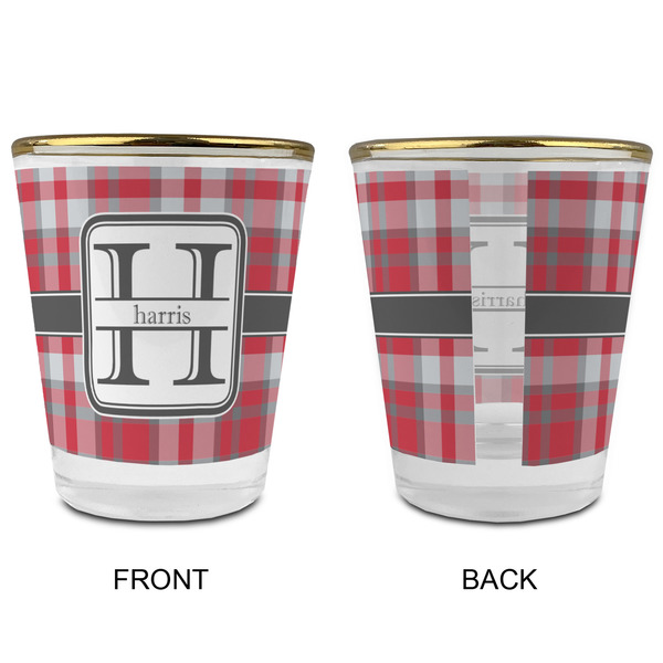 Red & Gray Plaid Glass Shot Glass - with gold rim - APPROVAL