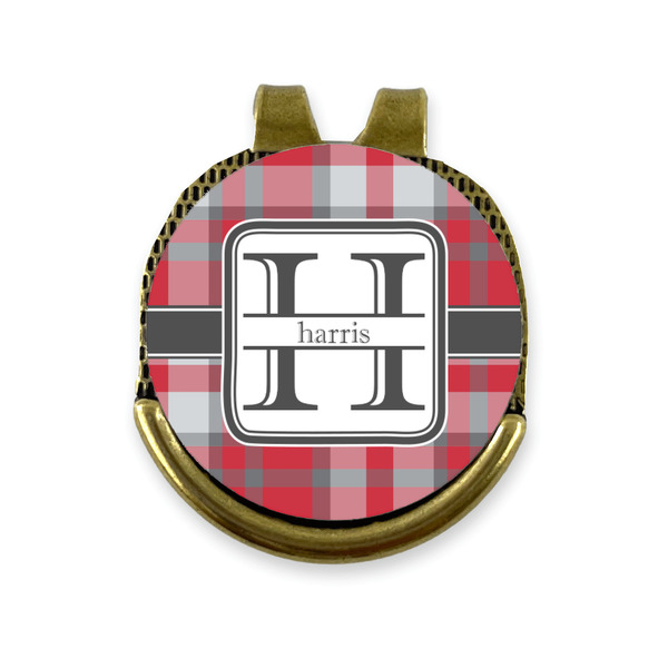 Custom Red & Gray Plaid Golf Ball Marker - Hat Clip - Gold