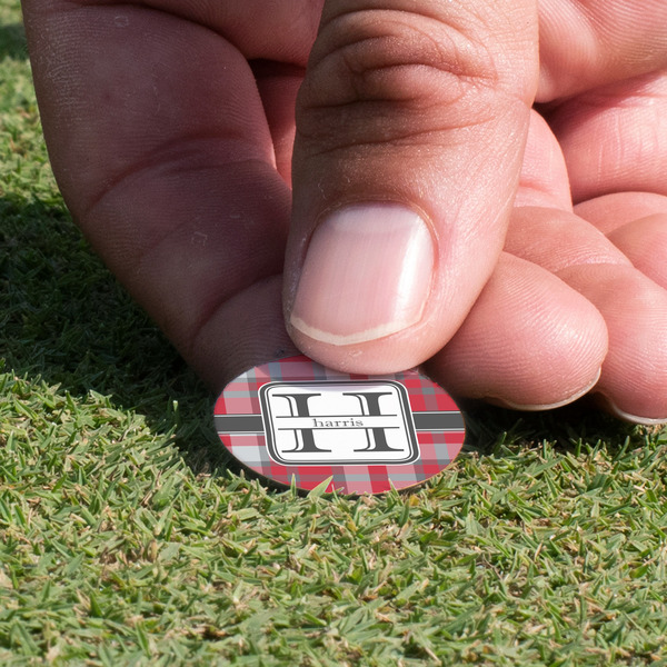 Red & Gray Plaid Golf Ball Marker - Hand