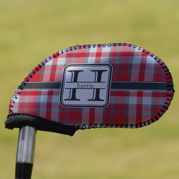Custom Red & Gray Plaid Golf Club Iron Cover (Personalized)