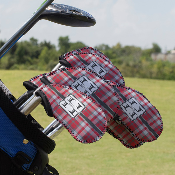 Custom Red & Gray Plaid Golf Club Iron Cover - Set of 9 (Personalized)