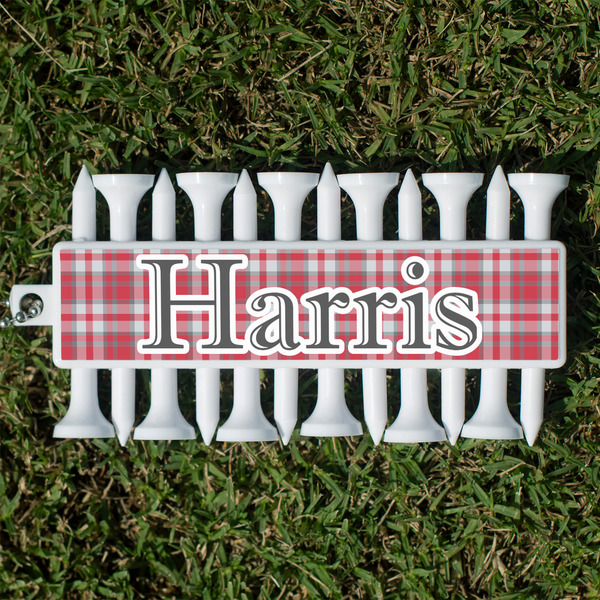 Custom Red & Gray Plaid Golf Tees & Ball Markers Set (Personalized)