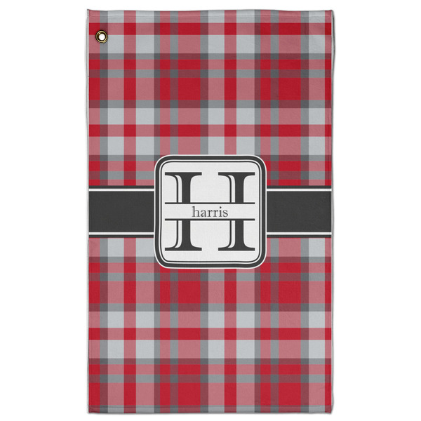 Custom Red & Gray Plaid Golf Towel - Poly-Cotton Blend - Large w/ Name and Initial
