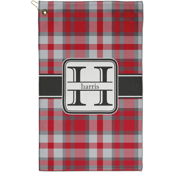 Custom Red & Gray Plaid Golf Towel - Poly-Cotton Blend - Small w/ Name and Initial