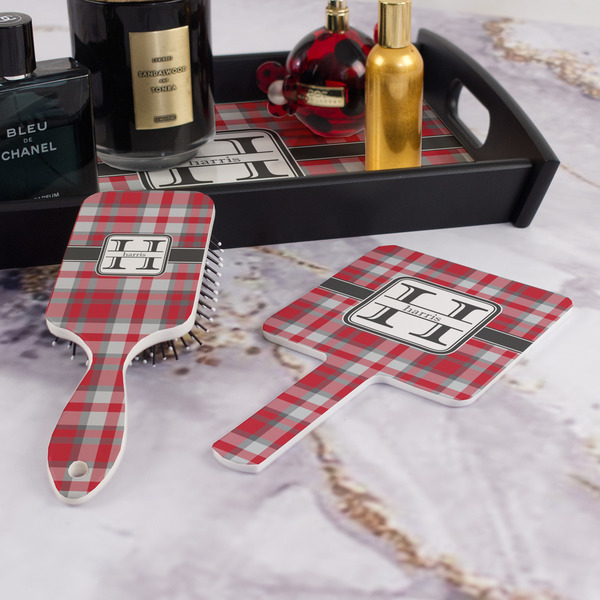 Red & Gray Plaid Hair Brush and Hand Mirror - Bathroom Scene