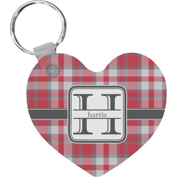 Custom Red & Gray Plaid Heart Plastic Keychain w/ Name and Initial