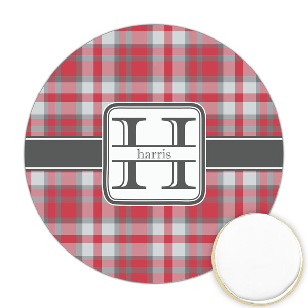 Custom Red & Gray Plaid Printed Cookie Topper - Round (Personalized)