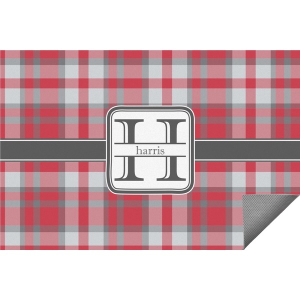 Custom Red & Gray Plaid Indoor / Outdoor Rug - 6'x8' w/ Name and Initial