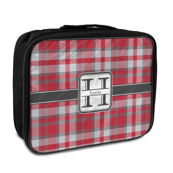 Custom Red & Gray Plaid Insulated Lunch Bag (Personalized)