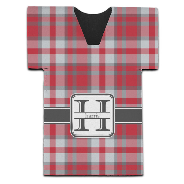 Custom Red & Gray Plaid Jersey Bottle Cooler (Personalized)
