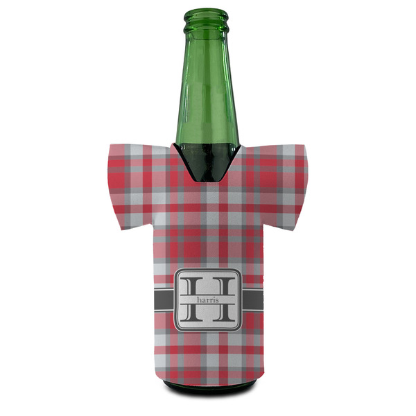 Red & Gray Plaid Jersey Bottle Cooler - Set of 4 - FRONT (on bottle)