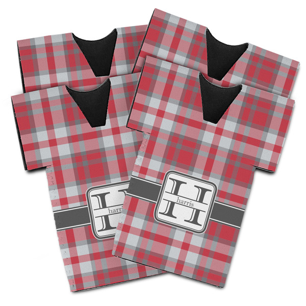 Custom Red & Gray Plaid Jersey Bottle Cooler - Set of 4 (Personalized)