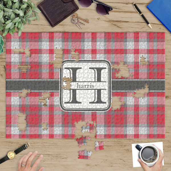 Red & Gray Plaid Jigsaw Puzzle 1014 Piece - In Context