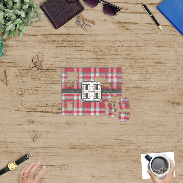 Red & Gray Plaid Jigsaw Puzzle 110 Piece - In Context