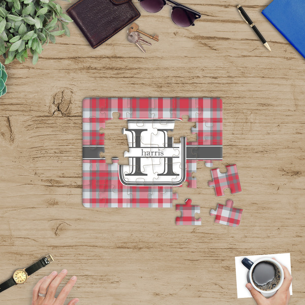 Red & Gray Plaid Jigsaw Puzzle 30 Piece - In Context