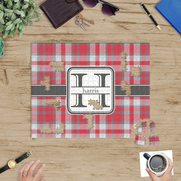 Red & Gray Plaid Jigsaw Puzzle 500 Piece - In Context