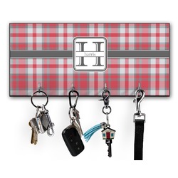 Red & Gray Plaid Key Hanger w/ 4 Hooks w/ Name and Initial