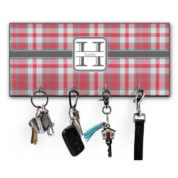 Custom Red & Gray Plaid Key Hanger w/ 4 Hooks w/ Name and Initial