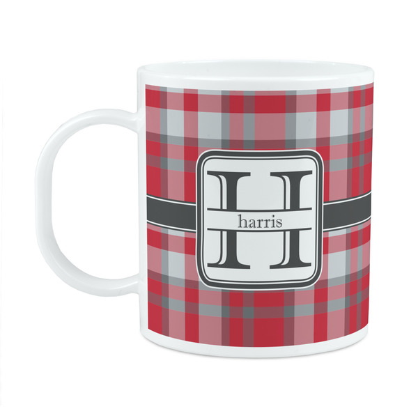 Custom Red & Gray Plaid Plastic Kids Mug (Personalized)