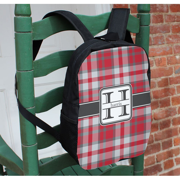 Red & Gray Plaid Kids Backpack - In Context
