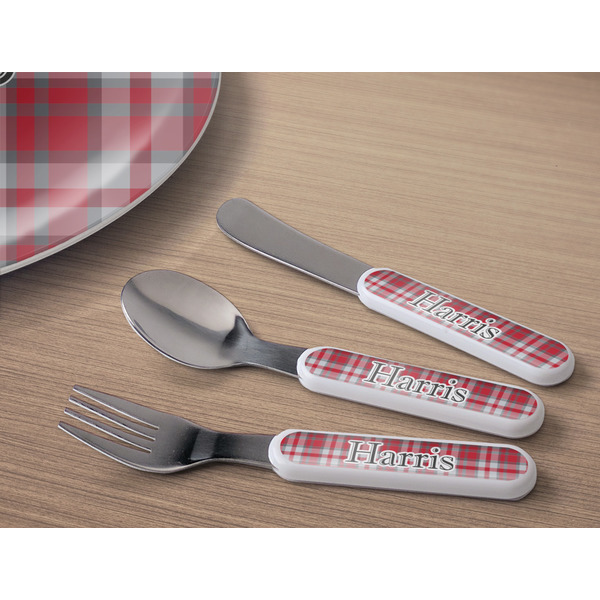 Red & Gray Plaid Kids Flatware w/ Plate