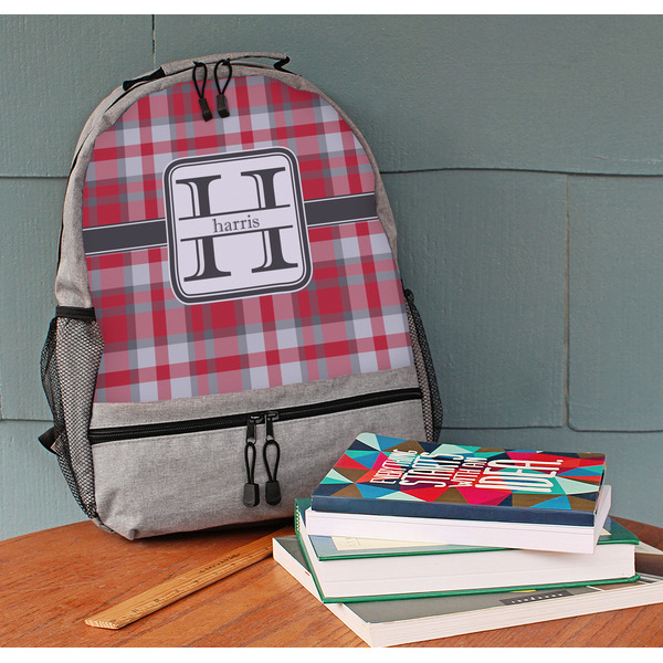 Red & Gray Plaid Large Backpack - Gray - On Desk