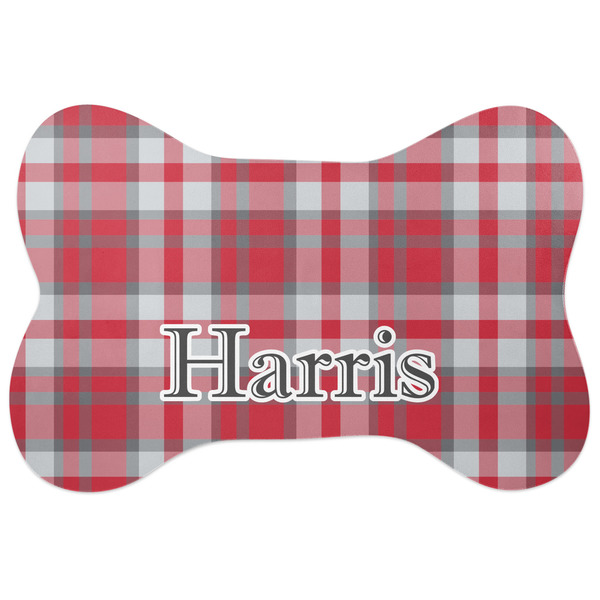 Custom Red & Gray Plaid Bone Shaped Dog Food Mat (Large) (Personalized)