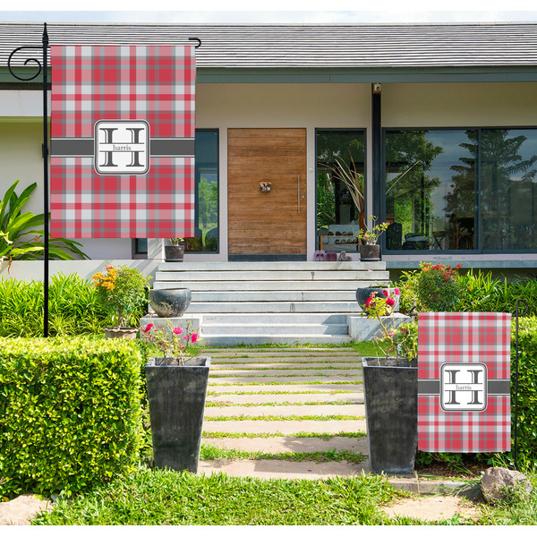 Custom Red & Gray Plaid Large Garden Flag - Single Sided (Personalized)