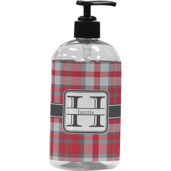 Custom Red & Gray Plaid Plastic Soap / Lotion Dispenser (16 oz - Large - Black) (Personalized)