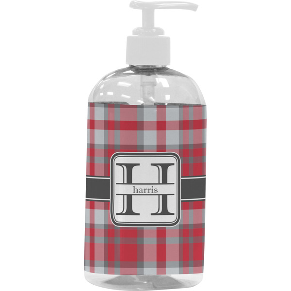 Custom Red & Gray Plaid Plastic Soap / Lotion Dispenser (16 oz - Large - White) (Personalized)
