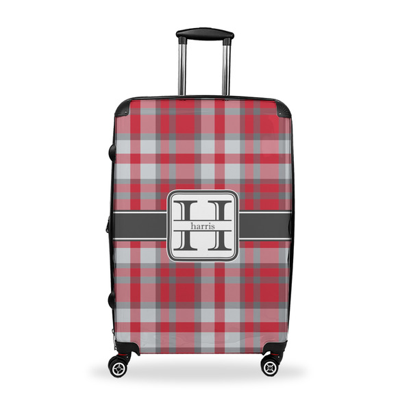 Custom Red & Gray Plaid Suitcase - 28" Large - Checked w/ Name and Initial