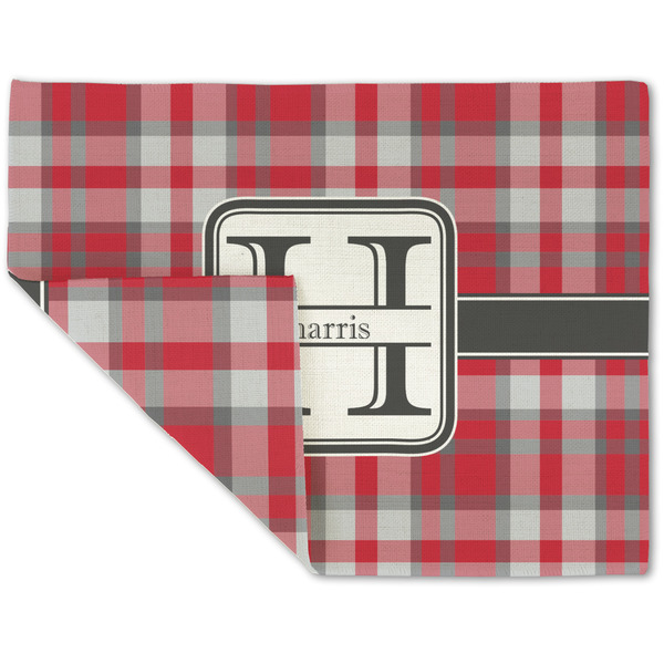 Custom Red & Gray Plaid Double-Sided Linen Placemat - Single w/ Name and Initial