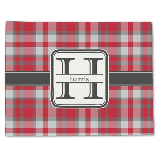 Custom Red & Gray Plaid Single-Sided Linen Placemat - Single w/ Name and Initial