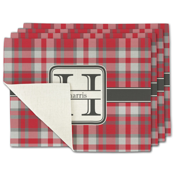 Custom Red & Gray Plaid Single-Sided Linen Placemat - Set of 4 w/ Name and Initial