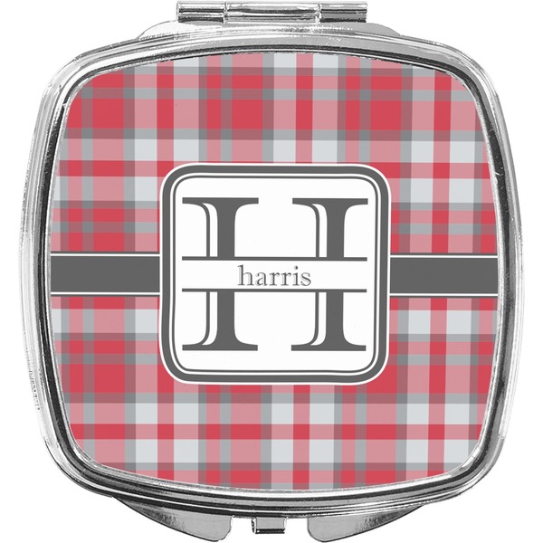 Custom Red & Gray Plaid Compact Makeup Mirror (Personalized)