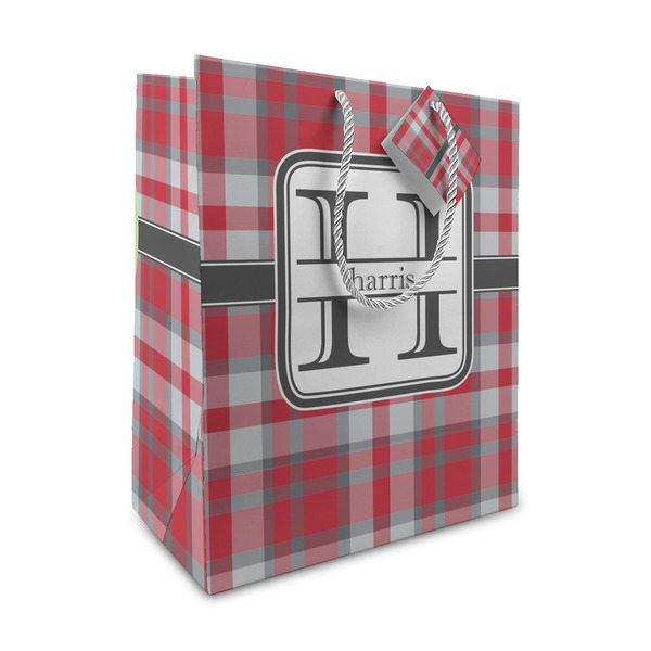 Custom Red & Gray Plaid Medium Gift Bag (Personalized)